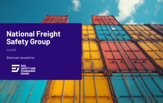 Cover of the July 2025 National Freight Safety Group newsletter with stacked colourful freight containers.
